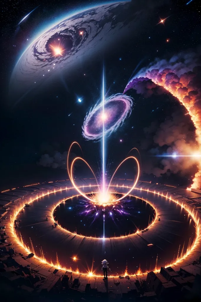 The image is set in a vast and awe-inspiring universe. There is a large, glowing planet in the background, and a bright, swirling galaxy in the foreground. The center of the image is a large, fiery vortex that seems to be drawing in all of the energy from the surrounding area. There is a figure standing at the edge of the vortex, looking out at the scene. The figure is small and insignificant compared to the vastness of the universe, but it is also brave and determined. It is a symbol of hope and possibility, and it reminds us that even in the darkest of times, there is always light.