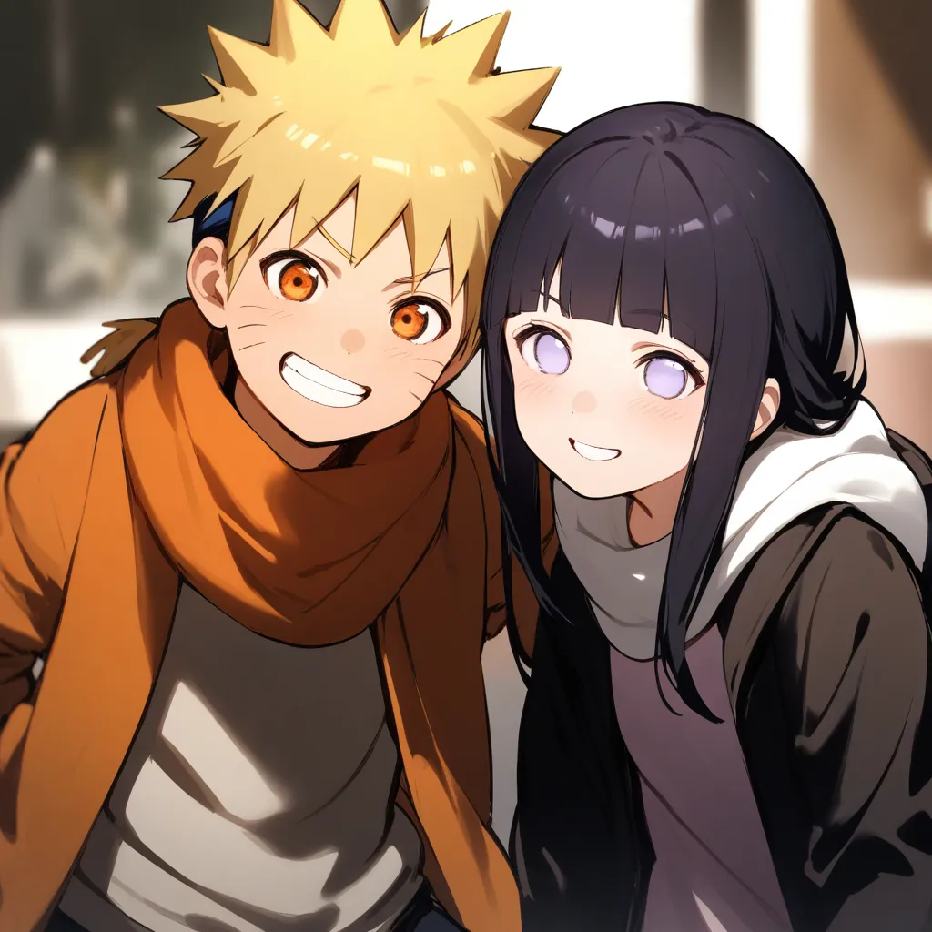 The image is of two anime characters, Naruto Uzumaki and Hinata Hyuga, from the series Naruto. Naruto is a young ninja with spiky blond hair and blue eyes, and Hinata is a young ninja with long black hair and purple eyes. They are both smiling and wearing casual clothes. Naruto is wearing an orange scarf and a white jacket, and Hinata is wearing a purple hoodie. The background is blurred, and there are no other characters in the image.