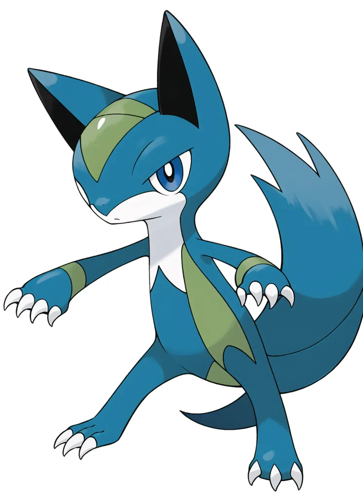 This is a cartoon image of a blue fox-like creature. It has a white belly and green markings on its head, arms, and tail. It has large pointed ears and sharp claws.