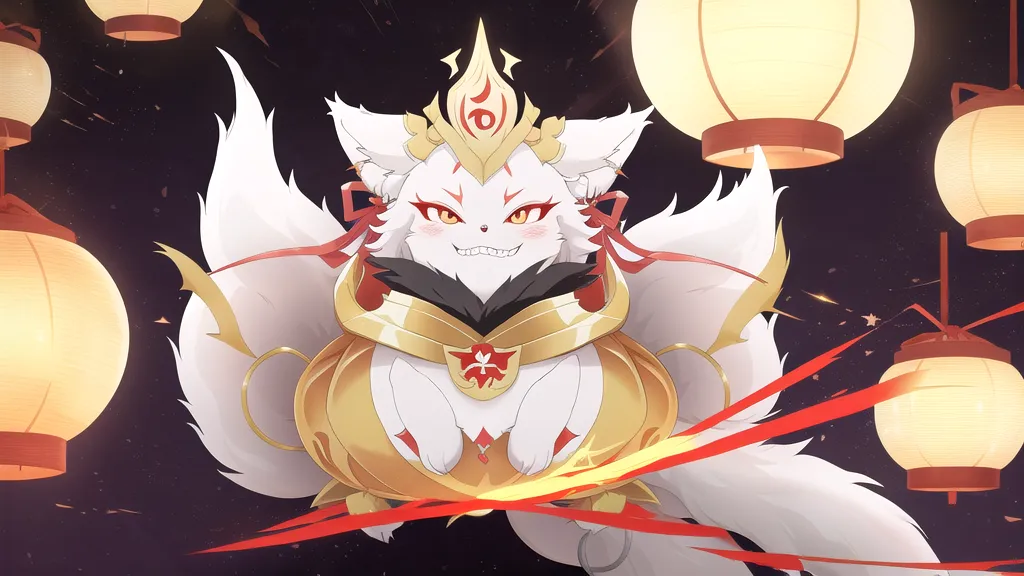 The image shows a creature with the body of a white fox and the face of a young woman. The fox has nine tails, each of which is tipped with a red orb. It is wearing a golden crown and a red and white kimono. The fox is sitting on a rock in front of a red and white background. There are several red lanterns floating in the background. The fox has a sly expression on its face and is looking at the viewer with one eye closed.