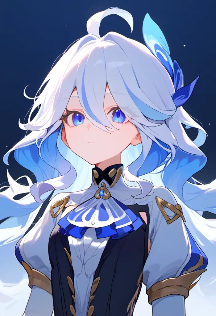 This is a picture of a young girl with white and blue hair. She has blue eyes and is wearing a white and blue outfit. The girl is standing in front of a blue background with a determined expression on her face.