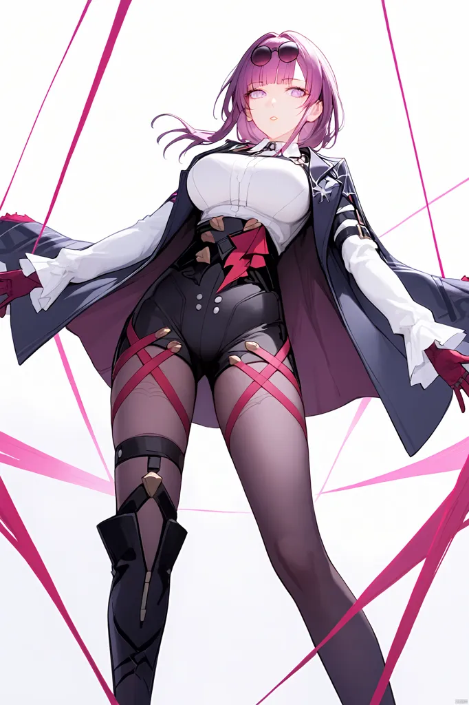 The image depicts an anime-style girl with pink hair and purple eyes. She is wearing a white and black outfit with a red tie and black gloves. She is also wearing a pair of glasses. She is standing in a confident pose, with her legs shoulder-width apart and her arms outstretched. Pink lines surround her.