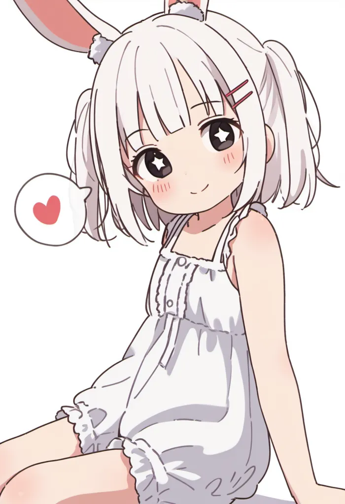 The image contains a cute anime girl with white hair and brown eyes. She is wearing a white dress with a pink bow. She has a small red heart next to her head. The girl is sitting on a white background and she has a gentle smile on her face.