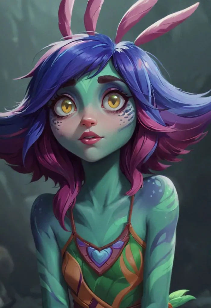 This is a picture of a young woman with blue and purple hair. Her skin is green and she has yellow eyes. She is wearing a green top and she has a flower in her hair. She is looking at the viewer with a curious expression on her face. The background is a blur of green and blue.