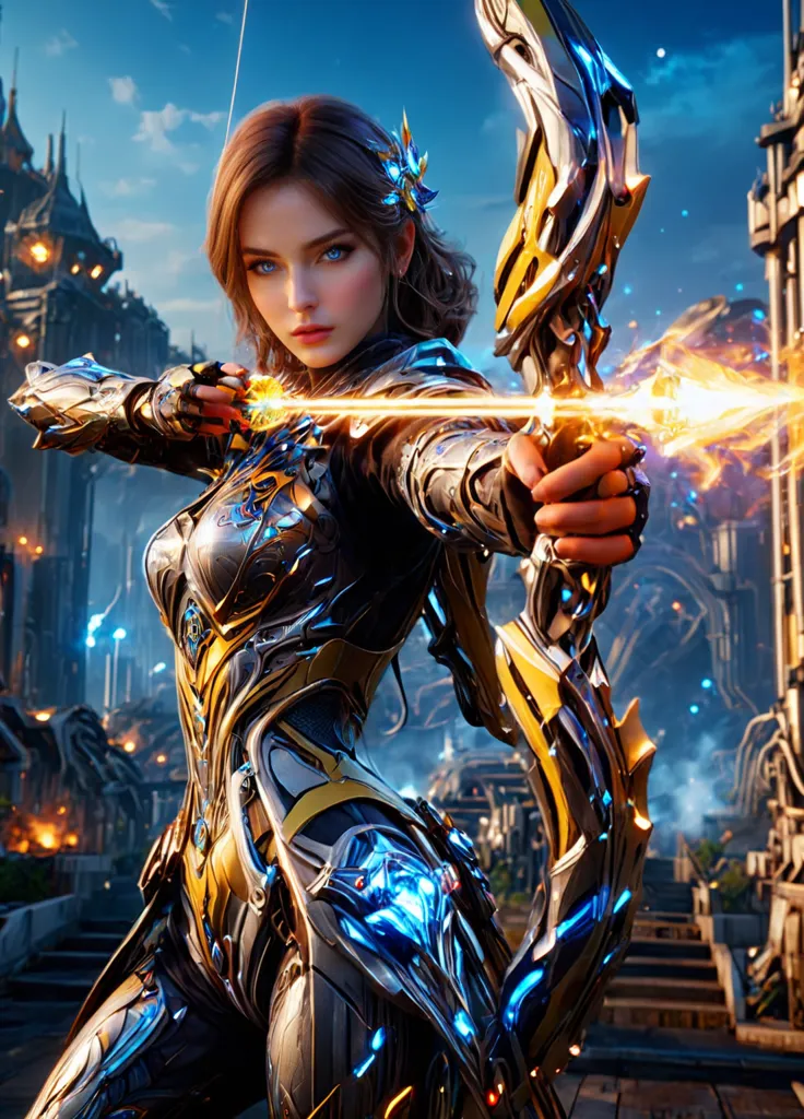 A warrior woman stands on a rooftop, drawing an arrow in her bow. She wears golden armor and a blue cape. Her hair is long and brown, and her eyes are blue. The background is a ruined city.