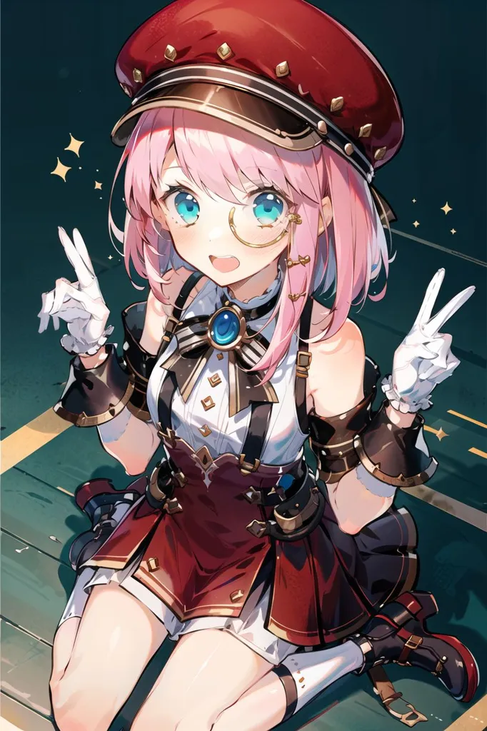 The image shows an anime-style girl with pink hair and blue eyes. She is wearing a red hat, a white shirt, and a red skirt. She is also wearing a pair of glasses and a pair of gloves. She is sitting on a wooden floor and has her hands in the air. She has a happy expression on her face.