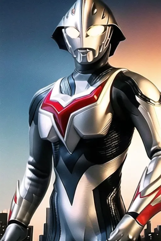 The image shows a superhero with a silver and red suit. The superhero is standing in a city. The superhero is looking at the camera. The superhero has a red and silver helmet on. The superhero has a red and silver chest plate. The superhero has silver arms and legs. The superhero has a red and silver belt.