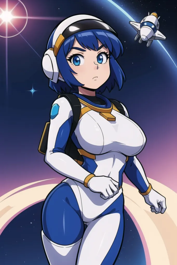 This is an image of a young woman in a spacesuit with a white helmet and blue visor. She is wearing a skintight blue and white spacesuit with a large backpack. There is a spaceship in the background. She is standing with her left hand on her hip and her right hand is clenched into a fist. She has a serious expression on her face.