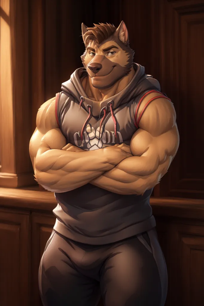 The image is of a muscular anthropomorphic wolf. He is standing with his arms crossed, wearing a gray tank top and black sweatpants. He has a confident expression on his face. The background is a wood-paneled wall.