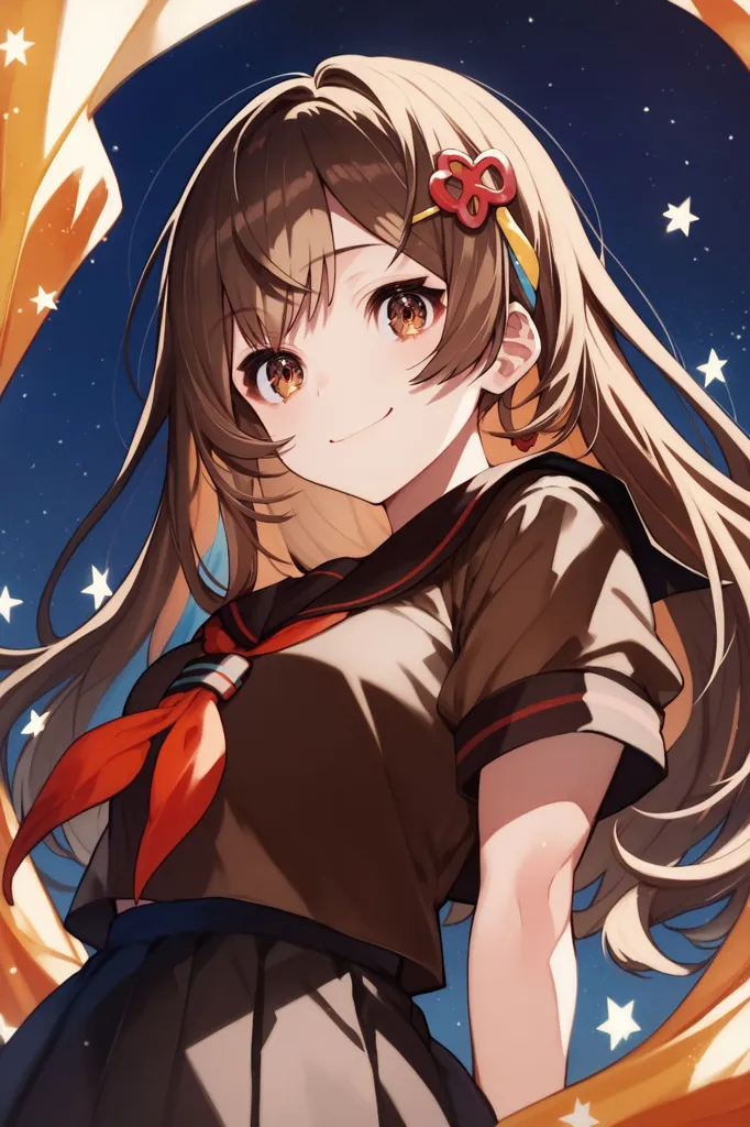 The image shows an anime-style girl with long brown hair and brown eyes. She is wearing a brown sailor-style uniform with a red scarf and a yellow and red hair accessory. She has a gentle smile on her face and is looking at the viewer. There are stars twinkling in the background.