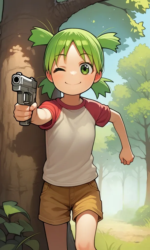 The image shows an anime-style girl with green hair and eyes. She is wearing a white shirt, brown shorts, and a red hat. She is holding a gun and pointing it at the viewer. The girl has a mischievous expression on her face and seems to be enjoying herself. The background is a forest with green trees and leaves.