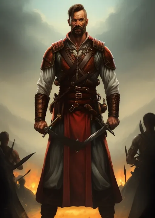 The image shows a man in a red and white outfit, with two swords. He has a beard and a mustache, and his hair is short and brown. He is standing in a field, with a large fire in the background. There are other men in the background, all of whom are armed with weapons.