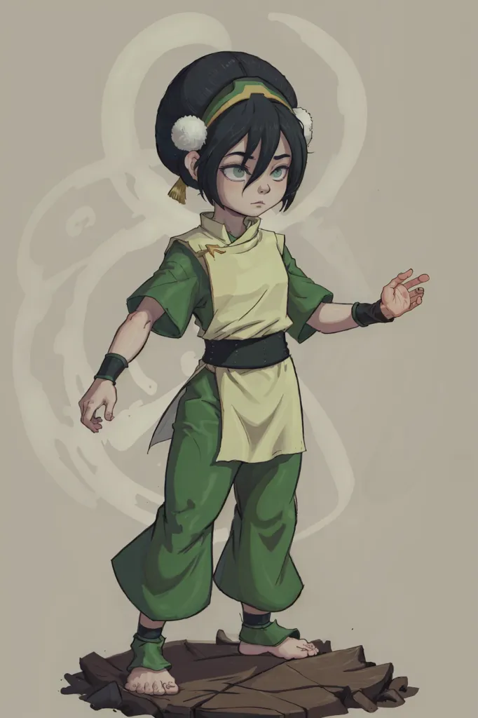 The image is of Toph Beifong, a character from the Nickelodeon animated series Avatar: The Last Airbender. She is a young girl with brown hair and green eyes, and she is wearing a green tunic and pants. She is standing on a rock, and she is surrounded by a cloud of dust. She has her left hand raised in the air, and she is looking to the right with a serious expression on her face.