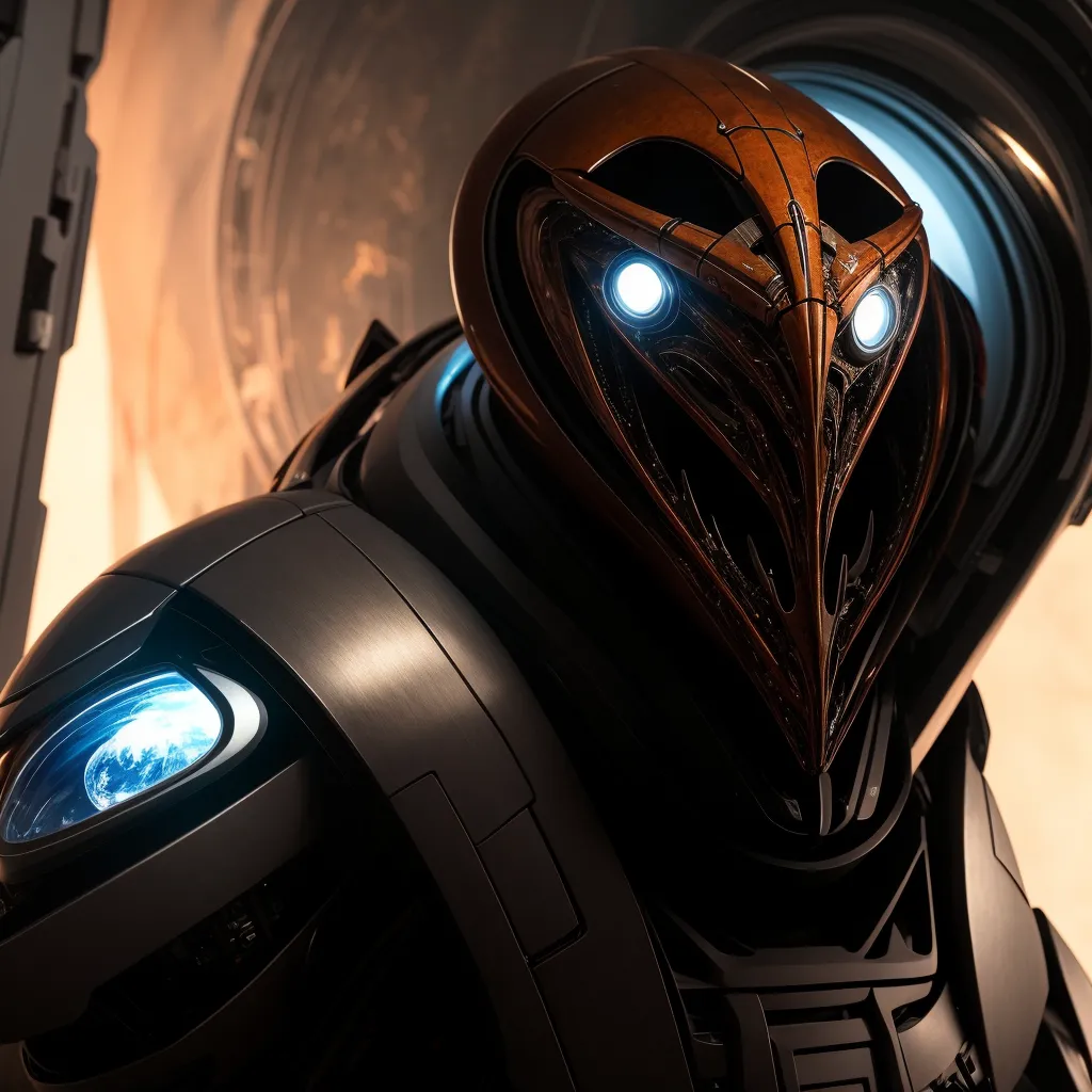 The image shows a humanoid robot with a bird-like head. The robot is made of metal and has a black and brown color scheme. The robot's eyes are glowing blue, and it has a beak-like mouth. The robot is wearing a suit of armor, and it is standing in a futuristic setting.