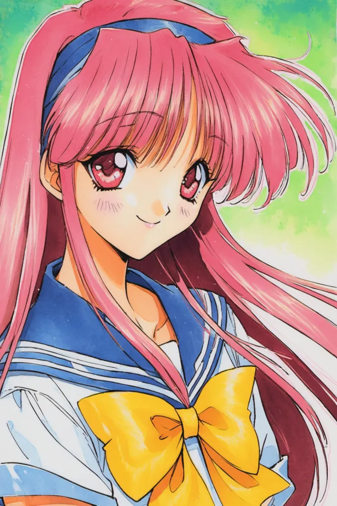 A beautiful anime girl with pink hair and pink eyes. She is wearing a white shirt with a blue collar and a yellow bow tie. She is also wearing a blue headband. She has a gentle smile on her face. The background is green.