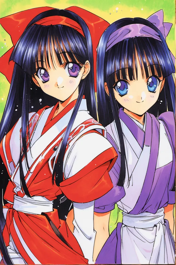 The image shows two anime girls with long black hair. They are both wearing red and white outfits. The girl on the left has purple eyes and is wearing a red headband, while the girl on the right has blue eyes and is wearing a purple headband. They are both smiling and look happy. The background is a light green color.