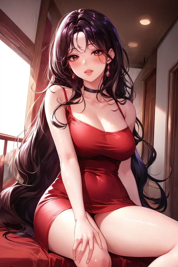 The image shows a beautiful woman with long black hair and red eyes. She is wearing a red dress that is low-cut, showing off her cleavage. She is sitting on a bed, with her legs crossed and her hand resting on her thigh. She is looking at the viewer with a seductive expression on her face. The background is a blur of light and dark colors.