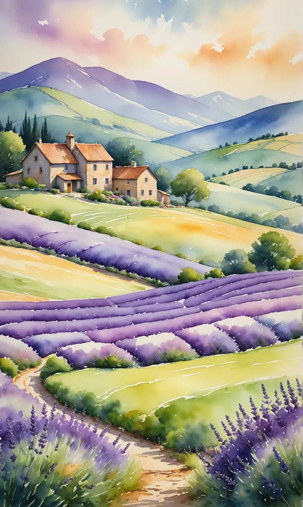 This is a beautiful watercolor painting of a lavender field in Provence, France. The lavender is in full bloom and the air is filled with its sweet scent. The sun is shining brightly and the sky is a clear blue. There is a house in the distance and a path leading through the field. The painting is very peaceful and relaxing.