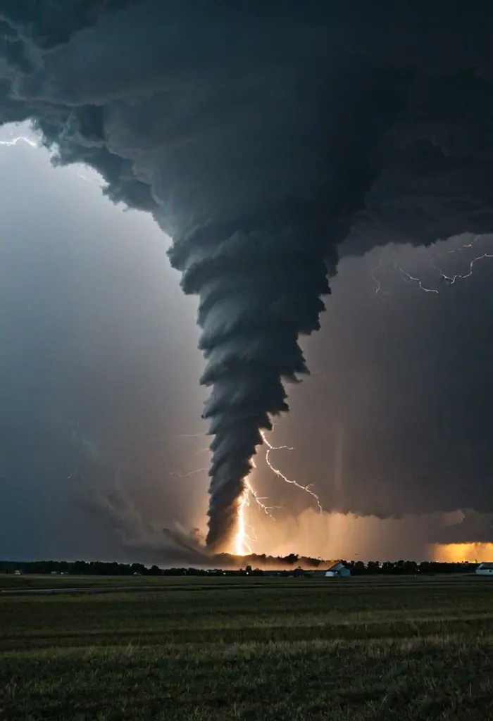 A tornado is a violently rotating column of air that extends from the base of a thunderstorm cloud to the ground. It is a destructive force of nature that can cause widespread damage.

The tornado in the image is large and powerful. It is surrounded by dark clouds and lightning. The tornado is moving across a rural area, and it is likely that it will cause damage to property and crops.

The image is a reminder of the power of nature and the importance of being prepared for severe weather.