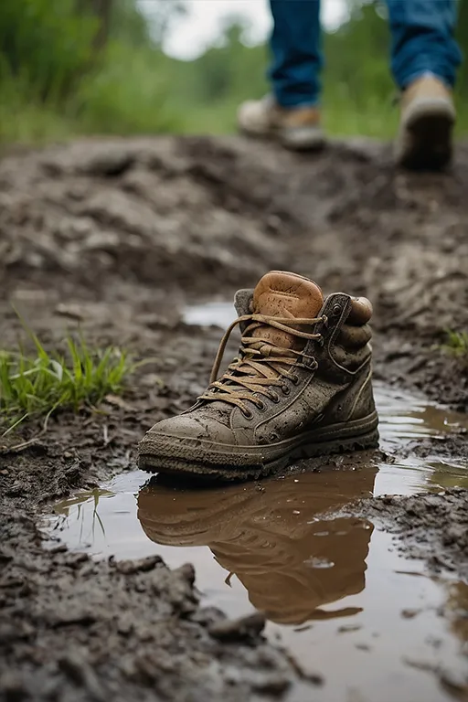 A brown leather boot sits in a muddy puddle, reflecting the sky. The boot is old and worn, and the laces are untied. A person wearing blue jeans and brown shoes walks away from the boot. The ground is muddy and wet.