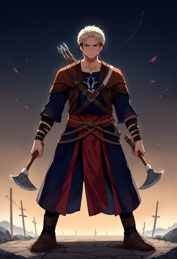 This is an image of a warrior. He is standing in a confident pose, holding two axes. He is wearing a blue and red tunic, and has a rope tied around his waist. His hair is blond and his eyes are blue. He looks like he is ready for battle.