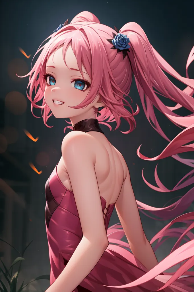 The image shows a beautiful anime girl with pink hair and blue eyes. She is wearing a pink dress and has a black choker around her neck. Her hair is long and flowing, and she has a gentle smile on her face. She is standing in a dark room, with only a few light sources illuminating her.