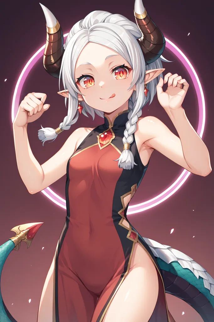 The picture shows a young girl with white hair and orange eyes. She has horns on her head and a tail. She is wearing a red and black旗袍. She is standing in a seductive pose.