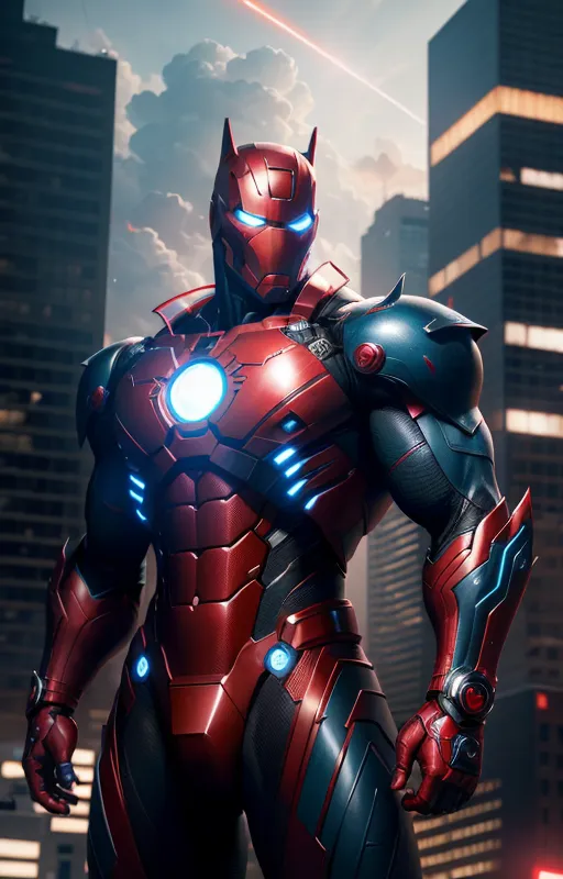 The image shows a superhero wearing a red and blue suit of armor. The suit has a bat-like symbol on the chest and a red cape. The superhero is standing in a city, with tall buildings in the background. The sky is cloudy and there is a red light in the background.