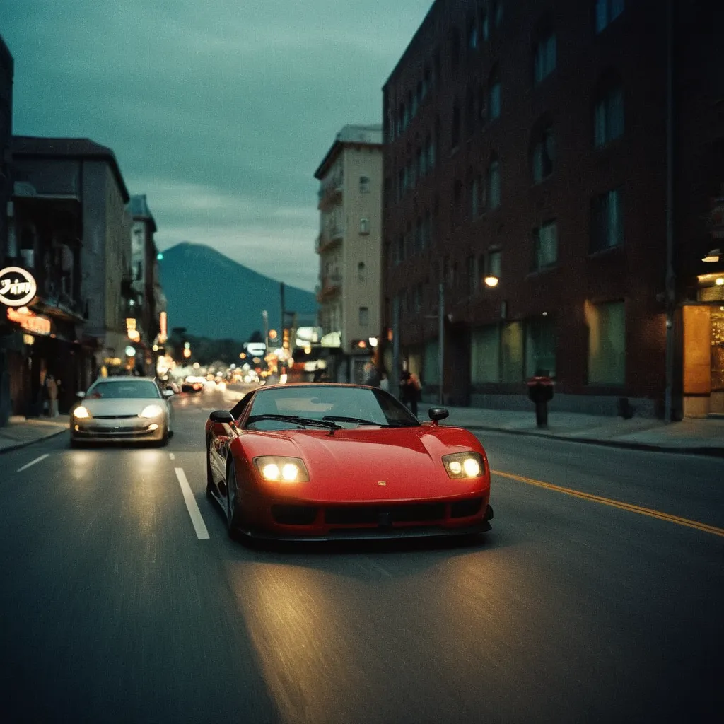 A red sports car speeds down a city street at night. The car is blurred, but the background is in focus. The street is lined with buildings, and there are lights on in some of the windows. The car is driving in the right lane, and there is a white car in the left lane. The white car is also blurred. The image is in focus, and the colors are vibrant. The red car is in the center of the image, and it is the main focus of the image.