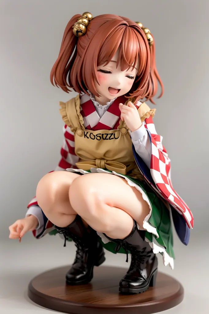 The image shows a figurine of a young girl in a squatting pose. She has brown hair tied in twintails, red eyes, fair skin, and a happy expression on her face. She is wearing a white blouse, a red and white striped apron, and a green skirt. She is also wearing black boots. The figurine is made of PVC and is about 10 inches tall. It is based on the character Kosuzu from the anime series \