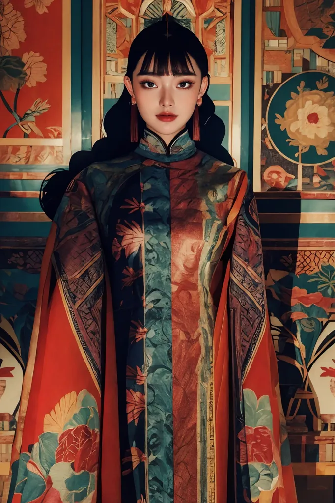 This is an image of a young woman wearing a cheongsam. The cheongsam is a traditional Chinese dress that is typically worn by women. It is usually made of silk or other fine fabrics and is often decorated with intricate designs. The woman in the image is wearing a red and blue cheongsam with a floral pattern. She is also wearing traditional Chinese jewelry, including a necklace, earrings, and a bracelet. The woman's hair is long and black, and she is wearing a traditional Chinese hairstyle. The background of the image is a traditional Chinese lattice window.