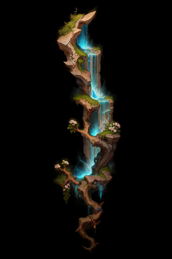 This is a picture of a waterfall. The waterfall is made up of four sections. Each section has a different background. The top section has a night sky background, the second section has a forest background, the third section has a mountain background, and the bottom section has a water background. The waterfall is surrounded by rocks and trees. There are also some flowers and plants growing on the rocks. The waterfall is very tall and it looks like it would be very dangerous to climb.