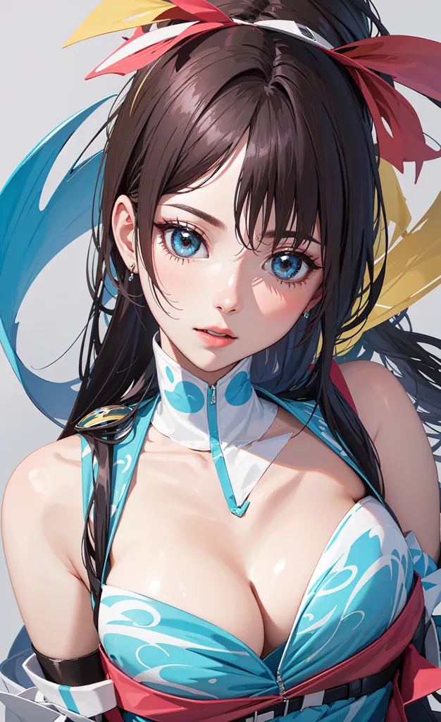 This is an image of a beautiful anime girl with long brown hair and blue eyes. She is wearing a white and blue outfit with a red ribbon in her hair. She has a confident expression on her face and is looking at the viewer. The background is a light blue color.