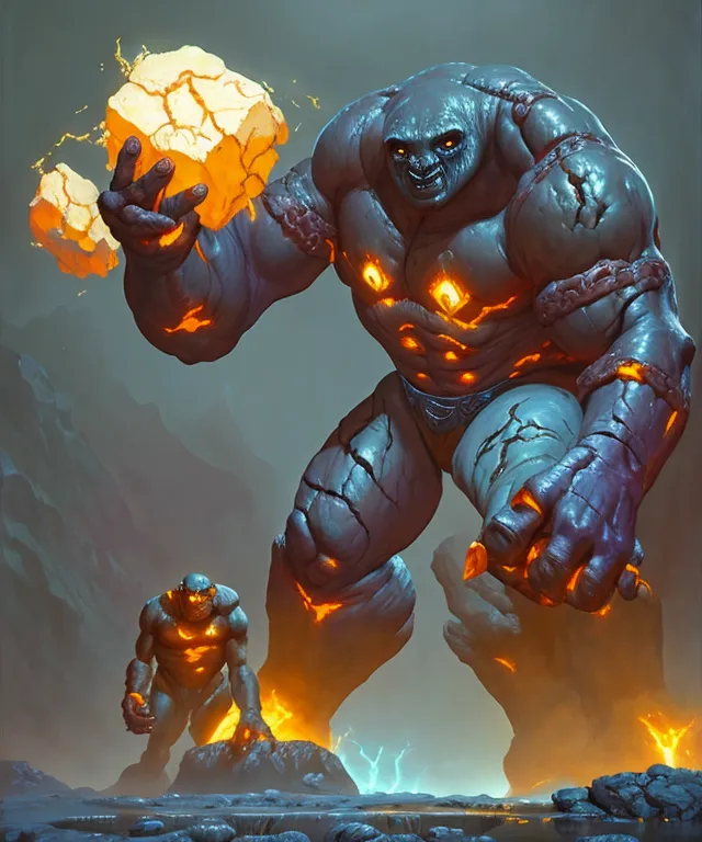 The image shows a large, muscular creature made of rock and magma. It has a glowing orange eye and is standing in a magma pool. There is a smaller creature of the same type standing next to it. The large creature is holding a large boulder in its hand. The background is a dark cave with a lava river flowing through it.