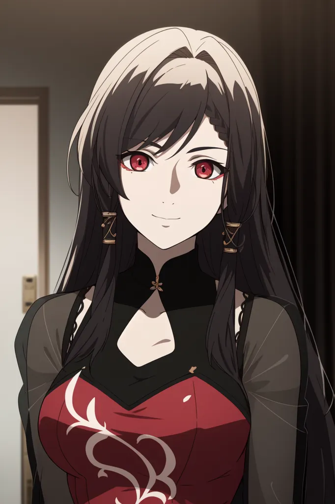 The image shows a woman with long black hair and red eyes. She is wearing a red and black cheongsam with a white collar. The cheongsam is sleeveless and has a high collar. The woman is smiling and has her hair down. She is standing in front of a white back