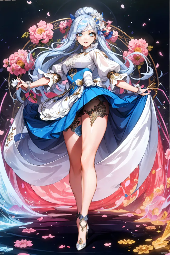 The image is of a beautiful anime girl with long white hair and blue eyes. She is wearing a white and blue dress with a long skirt and a corset. The dress has a sweetheart neckline and is trimmed with gold lace. She is also wearing a pair of white high heels. Her hair is done up in a bun and she is wearing a pair of white gloves. She is standing on a pink and white pedestal and is surrounded by pink and white flowers. There is also a pink and white glow around her.