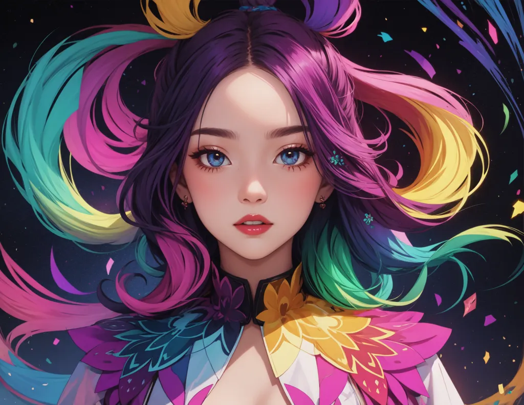 This is an illustration of a woman with purple hair that fades into rainbow colors at the bottom. She has blue eyes and is wearing a white and yellow outfit with leaf-like protrusions around her neck. There are also small blue and pink flowers in her hair. She is looking at the viewer with a slight smile on her face. The background is black with multi-colored confetti-like shapes.