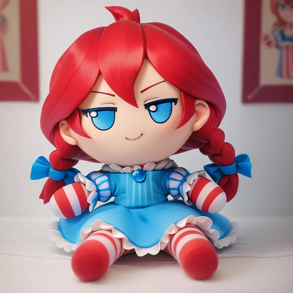 This is an image of a doll with red hair and blue eyes. She is wearing a blue and white striped dress with a white collar. She has a red bow in her hair and is sitting on a white table. The doll is about 10 inches tall and is made of plastic. She is a collectible doll and is not intended for children to play with.