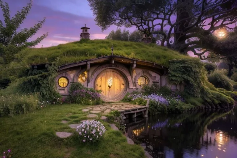 The image is of a hobbit hole, which is a type of house that is typically found in the Shire, a region in Middle-earth, which is a fictional world created by J.R.R. Tolkien. Hobbit holes are typically made of wood and have a round door and a thatched roof. They are usually located in hills or underground. The image shows a hobbit hole that is located in a rural setting. There is a small pond in front of the hobbit hole and a tree next to it. The sky is a clear blue and the sun is shining. The image is peaceful and serene.