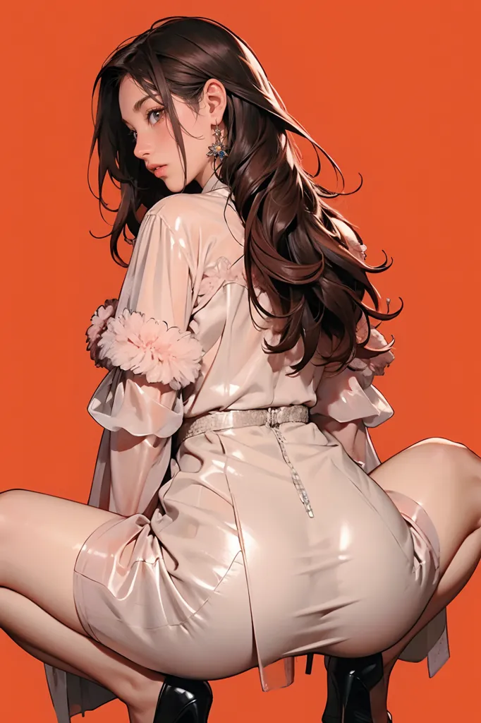 The picture shows a beautiful woman with long brown hair and brown eyes. She is wearing a white dress with a pink flower pattern. The dress is made of a shiny material and has a high collar. She is also wearing black boots with high heels. The woman is standing in a seductive pose, with her hips cocked to one side and her chest thrust forward. She is looking at the viewer with a challenging expression in her eyes. The background is a solid orange color, which makes the woman stand out.