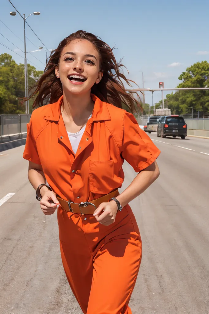 This is an image of a young woman, who looks like she is in her early 20s, with long brown hair and light makeup. She is wearing an orange jumpsuit and white T-shirt. The woman is smiling and running towards the camera. She is in a rural area, with trees and a road in the background. The woman looks happy and carefree.