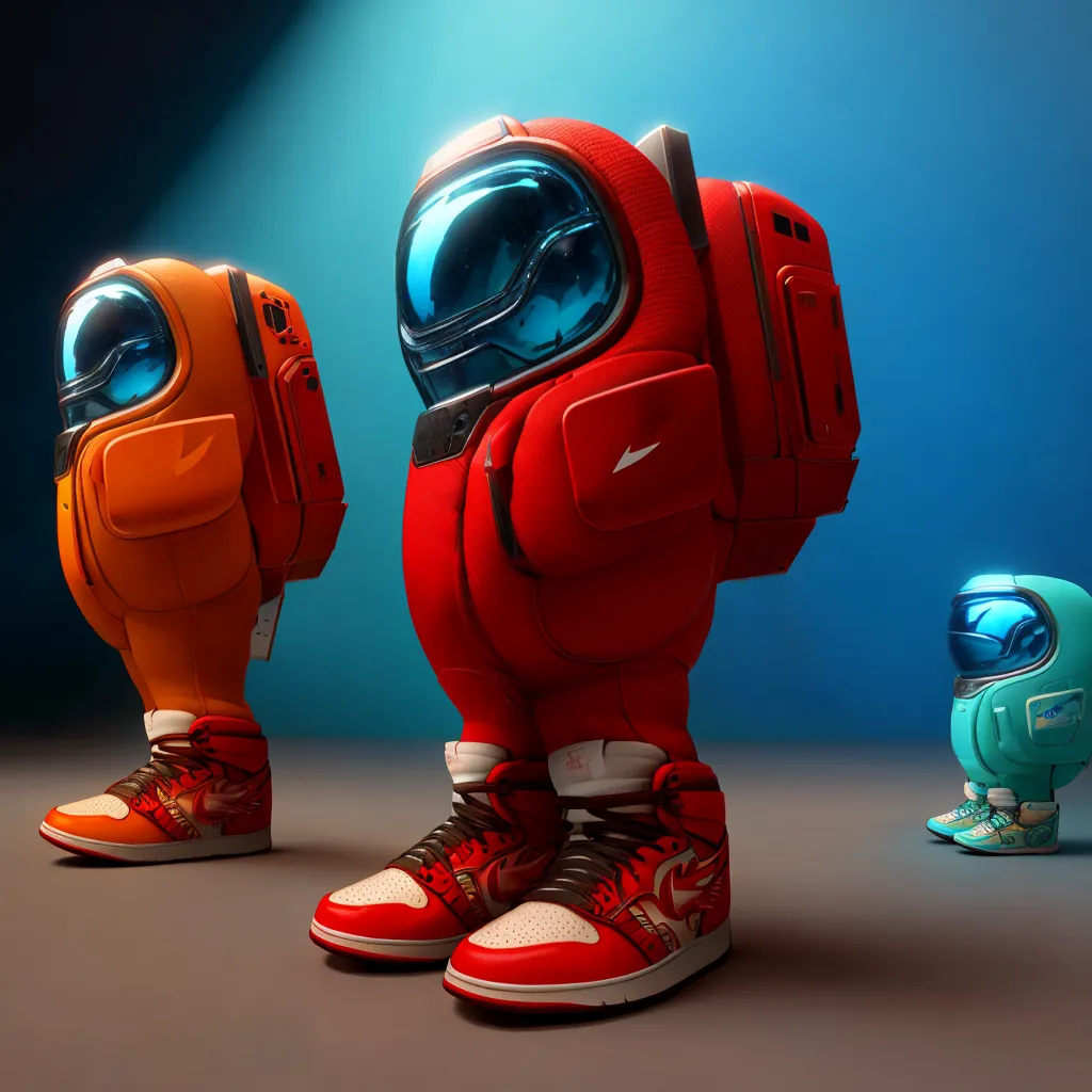 The image shows three cartoon characters in a brightly lit area against a dark blue background. They are all wearing space suits with bubble helmets. The two larger characters are wearing red and orange suits, and the smaller character is wearing a blue suit. The red and orange characters are both wearing Nike Jordan sneakers. The red character has a black backpack, and the orange character has an orange backpack. The blue character does not have a backpack.