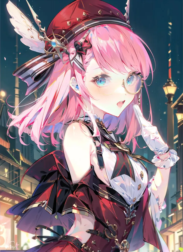 The image is of an anime girl with pink hair and blue eyes. She is wearing a red hat with a white feather and a white and red dress. She is also wearing glasses. She is standing in a city at night and there are street lamps in the background.