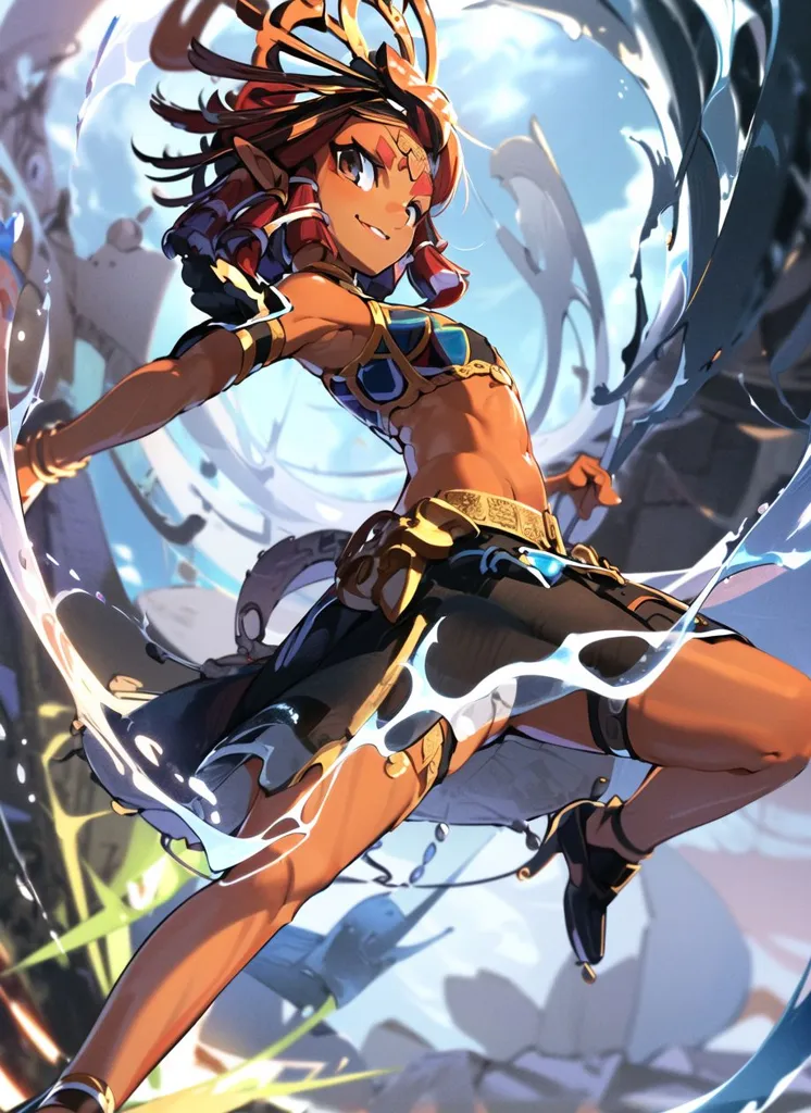 This is an image of a young woman who appears to be a waterbender from the Avatar series. She is wearing a blue and brown outfit with a white sash and has brown hair and eyes. She is standing in a dynamic pose, with her arms outstretched and her legs spread wide. She is surrounded by water, which is swirling around her and taking the form of a whip in her right hand. The background is a light blue color, with a few clouds in the distance.