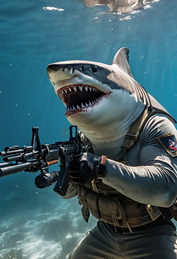 The image shows a shark wearing a military uniform and carrying a gun. It is standing in a blue ocean. The shark has its mouth open and is露出 sharp teeth. It is wearing a military vest and a backpack. The shark is also wearing a watch on its left wrist.