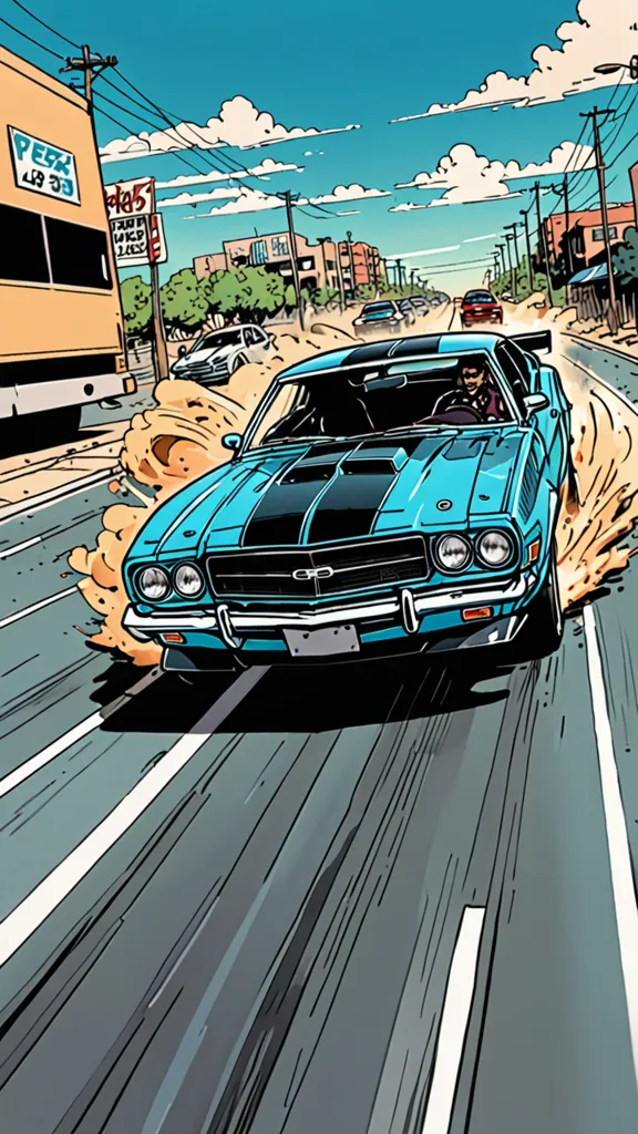 A blue car is speeding down a road, leaving a trail of dust behind it. The car is in the foreground and is surrounded by a blur of color and motion. The background is a cityscape with buildings, trees, and power lines. The image is in a comic book style, with bold colors and exaggerated lines.