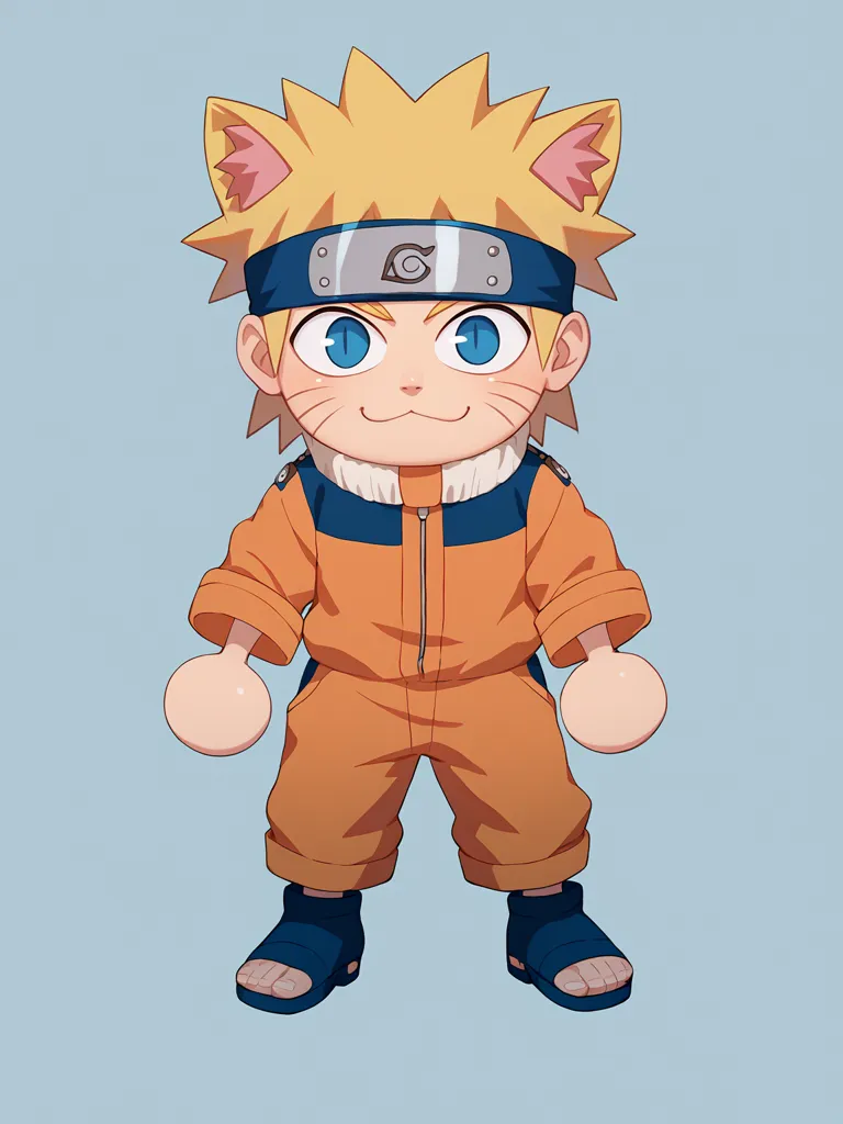 The image is of Naruto Uzumaki, a character from the anime series Naruto. He is depicted as a young boy with spiky blond hair and blue eyes. He is wearing an orange jumpsuit with a white collar and blue stripes on the sleeves. He is also wearing a headband with the symbol of the Hidden Leaf Village on it. He has cat ears and a cat tail.