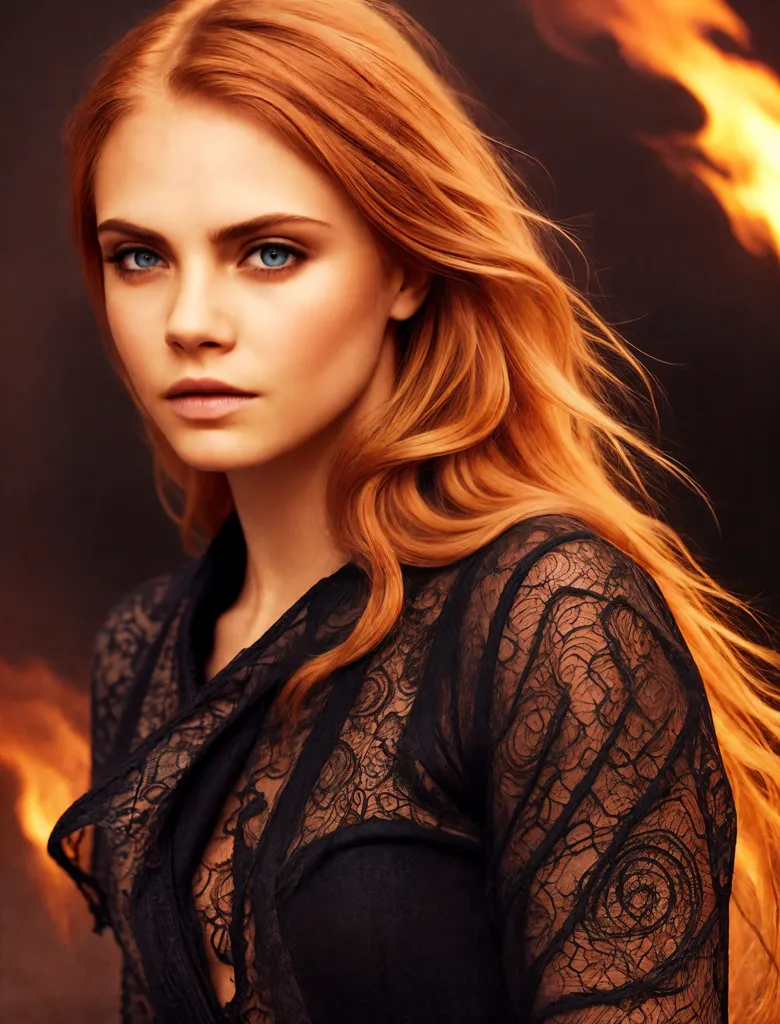 This image shows a woman with long, flowing red hair. Her eyes are blue and her skin is fair. She is wearing a black lace dress with a plunging neckline. The dress is cinched at the waist with a wide belt. The woman is standing in front of a fiery orange background.