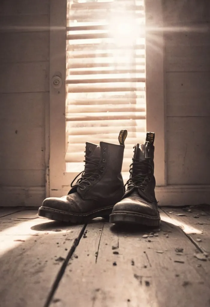 The photo shows a pair of black leather boots. The boots are worn and have a thick sole. They are sitting on a wooden floor in front of a white door. The door is open and there is a bright light coming in from outside. The light is shining on the boots and making them look shiny. The photo is taken from a low angle, which makes the boots look bigger and more imposing.