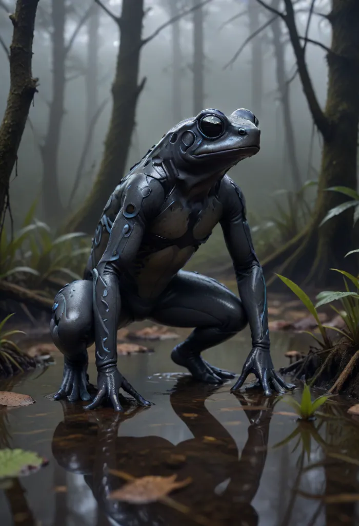 The image depicts a photorealistic rendering of a humanoid frog. It is crouched in a swamp, surrounded by trees and plants. The frog is black with blue markings, and its skin is wet and shiny. Its eyes are wide and yellow, and its mouth is closed. The frog is standing on its hind legs, and its arms are hanging at its sides. Its feet are webbed, and its toes are long and slender. The background of the image is a blur of green and brown, and the light is coming from the left side of the image.